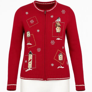 VTG Croft and Barrow Red Cardigan Sweater Women M Embroidered Birdhouses Zip